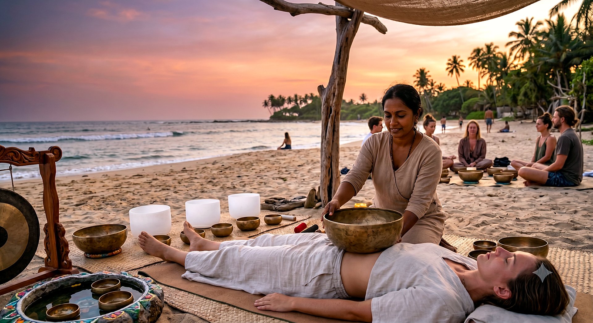 Sunset sound healing session by the sea