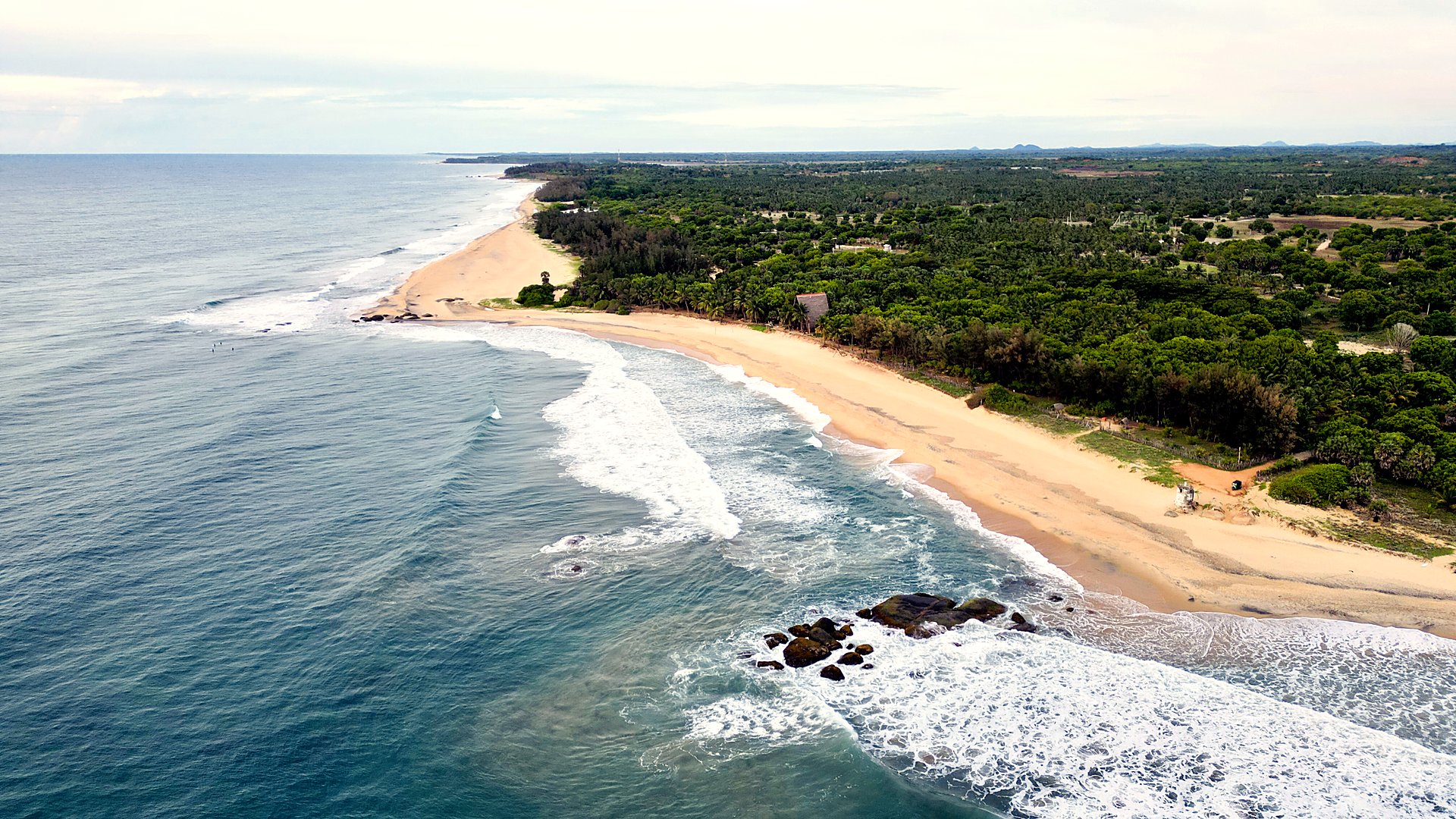 Aerial view of the Arugam Bay coastline and point break