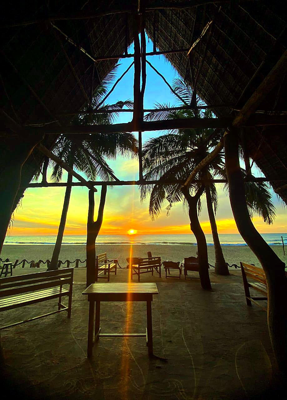 Inside the natural-wood A-frame restaurant at Light House Surf Camp