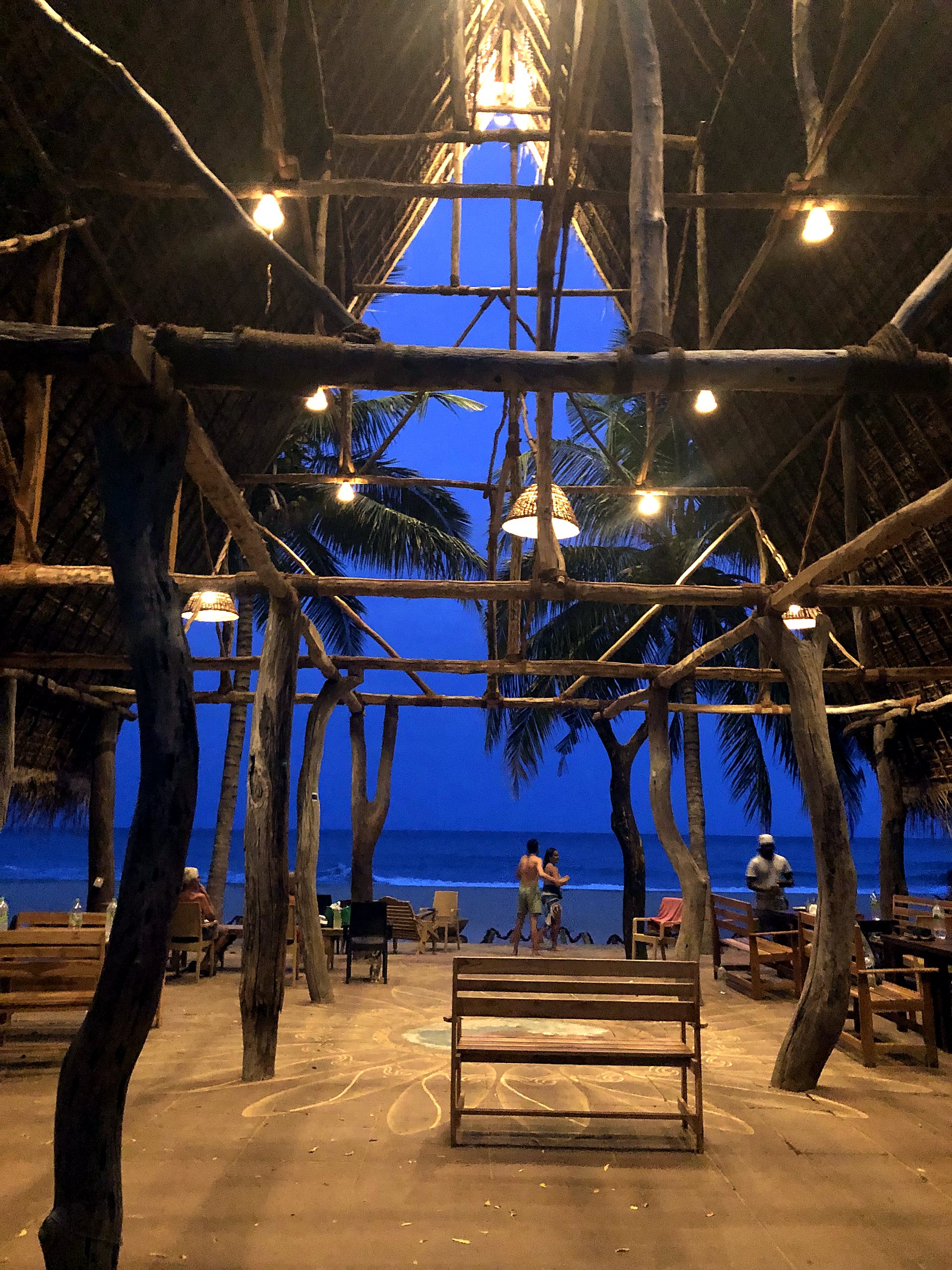 Looking up inside the natural-wood cathedral restaurant